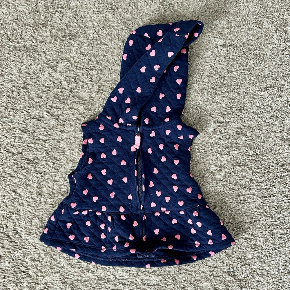Carters Baby Girls Navy Blue Pink Hearts Quilted Hooded Vest I Size 18M‎
